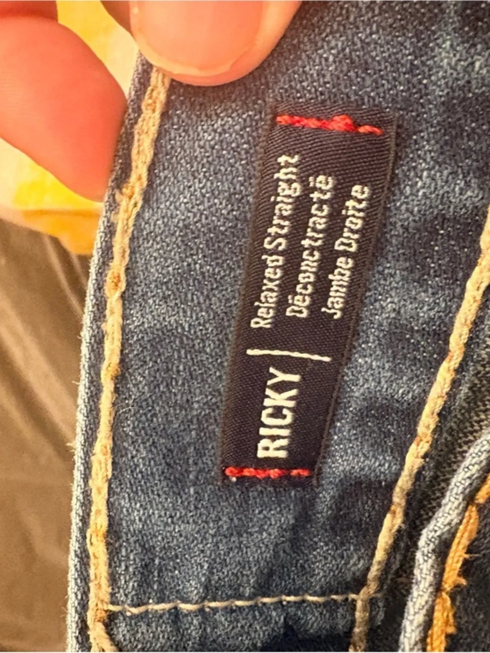 True Religion Men's Dark Blue Bootcut Jeans with Contrast Stitching